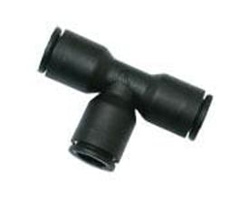 Parker T-stykke 3104 i sort teknisk polymer med dimensioner 8 mm og 10 mm, ROHS-kompatibel.