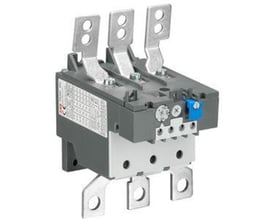 ABB termorelæ TA200 DU med indstillingsområde 130-175A, tre metalterminaler og blå resetknap på grå plastkrop.