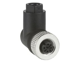 Vinklet, sort 4-polet hunstik fra Telemecanique Sensors med sølvfarvet M12-tilslutning og Pg7, model XZCC12FCM40BJ.