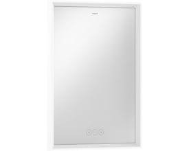 Frontvisning af Hansgrohe Xarita E spejl med aluminiumsramme, viser touch-sensorer til lysstyring i bunden.