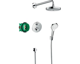 Komplet Hansgrohe Croma SEL indbygnings showersæt i krom, viser hovedbruser, termostat, håndbruser og indbygningsdel.