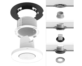 Exploded view af Niko DALI-2 sensor med SnapFit-montering, der viser alle komponenter og monteringsprincippet i et loft.