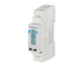Carlo Gavazzi 1-faset MID-B energimåler til 45 A med ModBus, set skråt forfra med LCD-display og tilslutningsdiagram på siden.