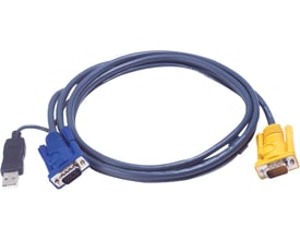 Aten KVM-kabel på 1,2 meter med oprullet mørkeblåt kabel samt SPHD15-, HD15- og USB Type-A-hanstik.