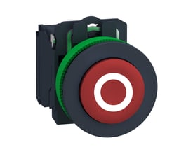 Sidelayout af Schneider Electric Harmony XB5 flush trykknap, der viser 1NC kontaktdel og grøn monteringsring.