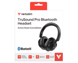 Emballagen til Verbatim TruSound Pro Bluetooth ANC-headset viser det sorte over-ear-headset på forsiden.