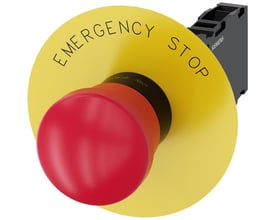 Siemens nødstop med 40mm rød paddetryk og gul bagplade med teksten 'EMERGENCY STOP'.