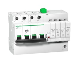 Schneider Electric overspændingsafleder iQuick PRD 3PN 40r med fire grønne afbrydere og tre hvide afledere med angivelse af kA og T2.
