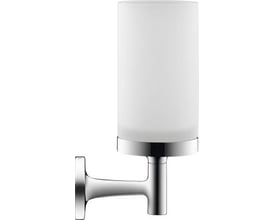 Detaljeret billede af Duravit Starck T glasholder i krom, viser den blanke metalholder med et matteret glascylinder.