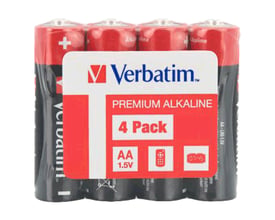 Fire sorte Verbatim alkaline AA batterier i 1,5V 4-pak med en rød og hvid indpakning.
