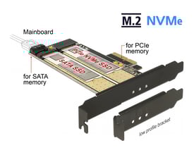 Illustration af Delock PCI Express M.2 kort med plads til SATA og NVMe SSD'er forbundet til motherboard.
