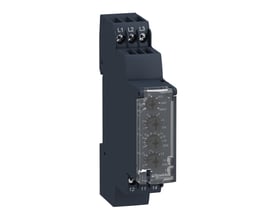 Schneider Electric kontrolrelæ RM17, 208-480V, 1 C/O, 5A, vist fra siden med fokus på justeringsknapper og mærkning.