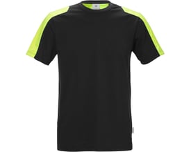 Fristads t-shirt model 111261 i sort med gule kontrastdetaljer ved skuldrene og ærmerne. T-shirten er i størrelse 4XL.