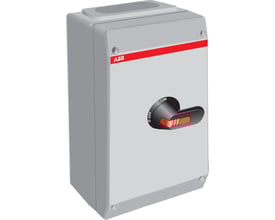 Detaljeret gengivelse af ABB OTE75T3B sikkerhedsafbryderens grå kapsling og sorte betjeningsgreb med 'ON' og 'OFF' markeringer. Viser dens aflåselige funktion.