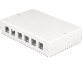 Hvid DeLOCK Keystone-boks i plast med 12 porte, vist lukket fra skråt ovenfra med portåbninger langs siden.