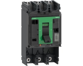 Schneider Electric 3-polet Maksafbryder NSX400S grundenhed med grøn betjeningskontakt og tydelig "OFF" markering.