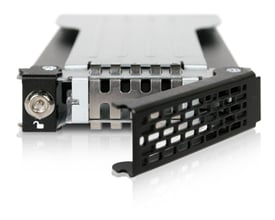 ICY DOCK EZ-Slide Mini Tray MB994TK-B, sort og sølv HDD-bakke til 2,5-tommers drev, set forfra med frontklap åben.