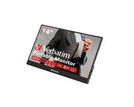 Verbatim PM-14 bærbar skærm på 14 tommer, vist i en vinkel med et billede af en person der holder en tynd laptop.