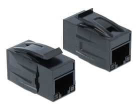 To sorte Delock Keystone RJ45 moduler til forlængelse af Cat.6A UTP netværkskabler, vist side om side på hvid baggrund.