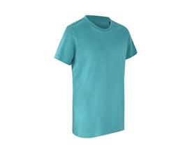 ID Identity økologisk T-shirt til børn i støvet aqua, størrelse 8/10, med klassisk rund hals og korte ærmer.