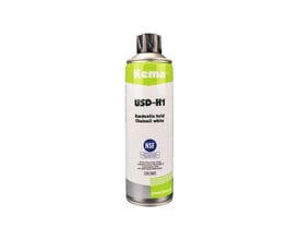 Nærbillede af Kema USD-H1 kædeolie spraydåse med detaljeret mærkning og NSF-certificering synlig.