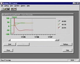Siemens Modul PID Control V4.1 software-interface viser en kurveoptager med grafer for setpoint og måleværdier.