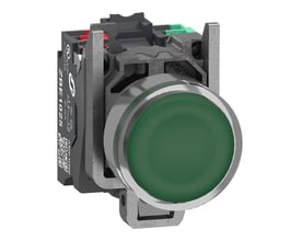 Schneider Electric komplet lampetryk med grøn trykflade og ZBE1025 kontaktelement. Inkluderer push-in fjederklemmer og 24V LED.