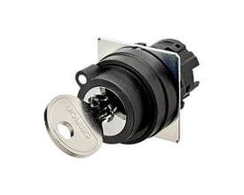 Omron A22NZ vælger med Ø22mm diameter og nøgletype S, vist med nøgle isat for manuel betjening.