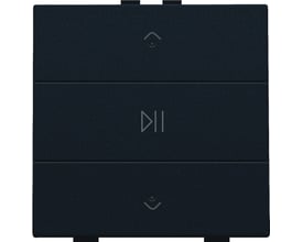Niko audio tryk i sort belagt finish med play/pause symbol og op/ned pile, viser LED-statusindikator.