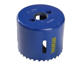 Irwin Tools bimetal hulsav i blå metal med gul skrift, 168 mm diameter og savtænder i bunden.
