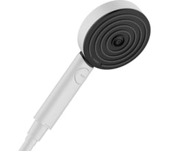 Hansgrohe Pulsify Select håndbruser i mat hvid med 105 mm hoved og synlig Select-knap, vist med hvid baggrund.