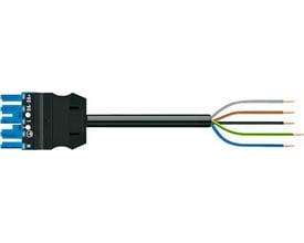Detalje af WINSTA® MIDI tilslutningskabel, der viser de 5 isolerede ledere: grå, sort, brun, gul/grøn og blå.