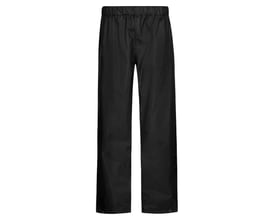 Lyngsøe åndbar regnbuks FOX6041 i sort polyester Oxford med PU-belægning, størrelse S, med elastik i taljen og trykknap ved anklerne.