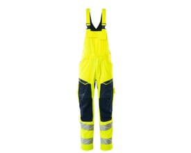 Mascot Overall 19569 hi-vis gul/marine. Tofarvet arbejdsoverall med reflekser, justerbare seler og mange lommer, lavet af polyester og bomuld.