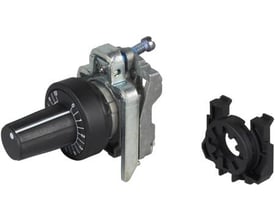 Schneider Electric potentiometergreb Ø6 ZB4BD9127 med sort drejeknap og metalmonteringsmekanisme. Et sort plastbeslag ses til højre.
