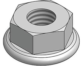 Teknisk illustration af M6 flangemøtrik i stål, der viser designet med integrerede tænder og flade flange.