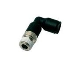 Parker forlænget vinkel 8mm R3/8 3129 af sort teknisk polymer med udvendigt BSPT gevind og 8mm diameter.
