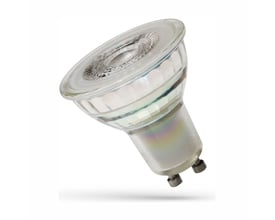 SpectrumLED GU10 LED-spot med klart glas og synlig fatning, set skråt forfra; modellen er dæmpbar på 5,5 W.