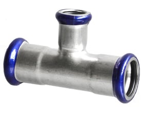 Unico T-stykke i rustfri stål med tre presmuffer, 76,1-42-76,1 mm, med blå markering på muffeenderne.