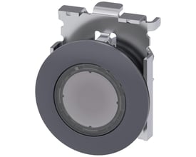 Siemens 30mm trykknap med lys i mat metal, klar front og plan montering, vist med monteringsbeslag.