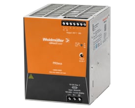Weidmüller Pro Eco strømforsyning 480W, 48VDC, 10A, med tydelige mærkninger for input og output samt justeringsmuligheder.