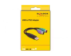 Delock USB til PS/2 adapter på gul emballage, klar til brug med PS/2 mus og tastatur.