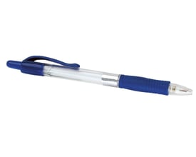 Blå kuglepen med trykknap, gennemsigtig cylinder og blåt gummigreb, isoleret på hvid baggrund.