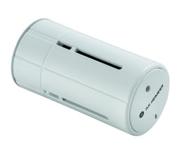 IMI Heimeier TRV 300 hvid termostat med vandalsikret beskyttelseskappe, der viser slids for føleren og et diskret logo.
