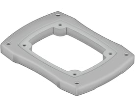 Grundfos adaptorplade >=CR30-110/9->C i grå plast med monteringshuller, set skråt fra siden.