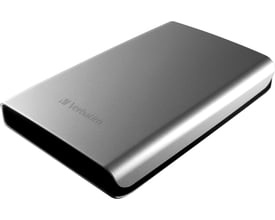 Verbatim Store'n'Go ekstern harddisk på 1 TB med sølvfarvet kabinet, vist skråt forfra.