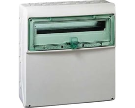Schneider Electric Kaedra IP65 kapsling i grå RAL 7035, med plads til 1x18+1 moduler og grøn gennemsigtig låge med lås.