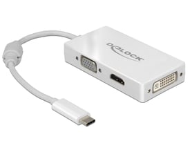 Hvid DeLock USB Type-C-adapter med VGA-, HDMI- og DVI-hunstik samt et fast kabel med USB Type-C-stik.