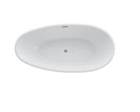 Oversigt af fritstående badekar i akryl, måler 1800x900x600mm, med krom bundventil og overløb.