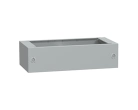 Close-up af sokkel til Schneider Electric PLA kabinet, viser robust grå polyesterkonstruktion og monteringshuller.